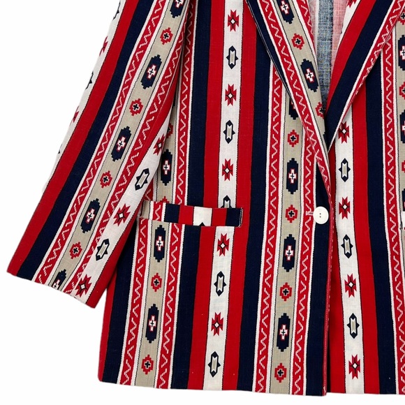 Vintage Native Pattern Red, White, Blue, Khaki Unlined Blazer by Bon Worth USA - Picture 3 of 13
